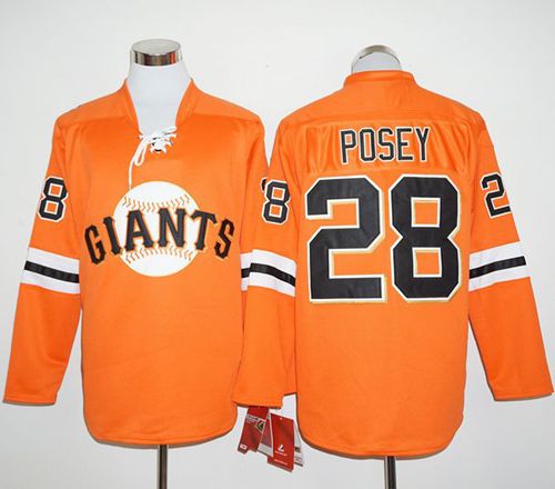 Giants #28 Buster Posey Orange Long Sleeve Stitched MLB Jersey - Click Image to Close